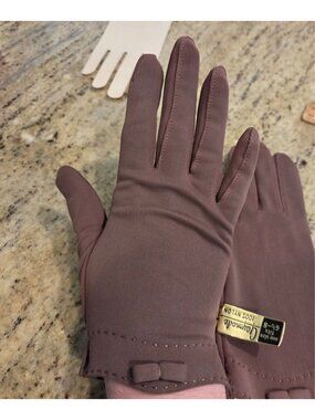 New! Vintage Women's One Size Brown Stretch Nylon Formal Gloves Curved Bow Wrist